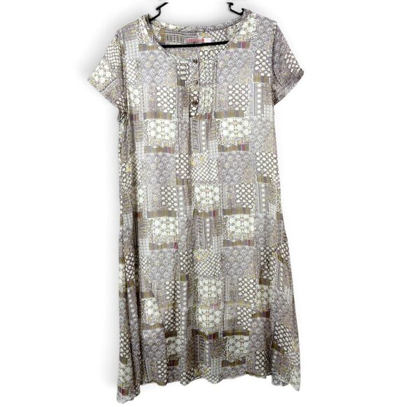 SOGGO Dresses & Skirts - patchwork print cotton lined short sleeve midi dress button front boho style lg
